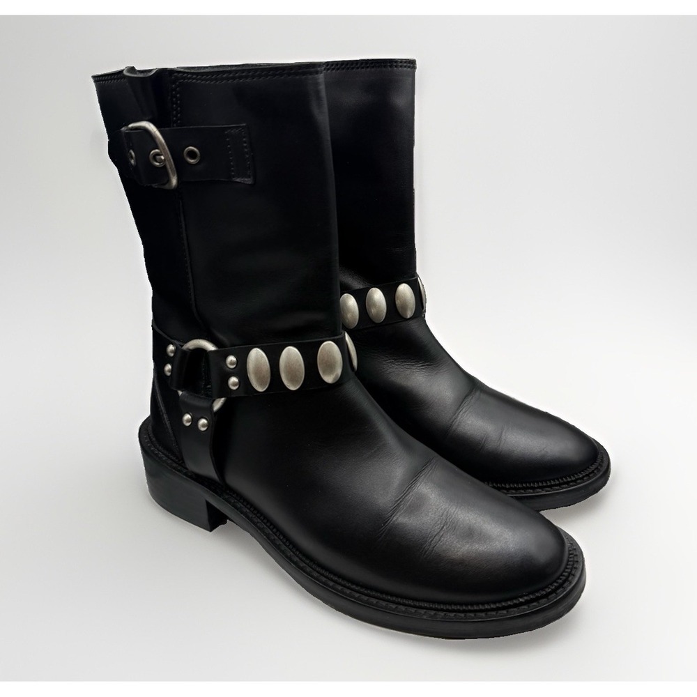 Freda Salvador Aeri Moto Boots Mid Calf Sz 6.5 Black Leather Silver Buckle Boho